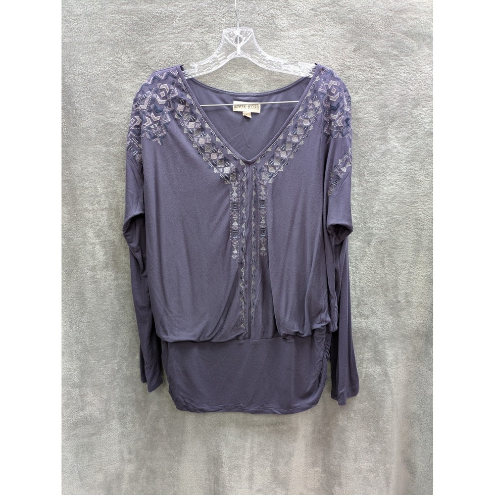 Bohemian Blouse Womens Large Embroidered Vneck Band Waist Long Sleeve‎ Casual